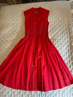 Anthropologie Red Smocked Waist Zip Front Midi Dress Size M